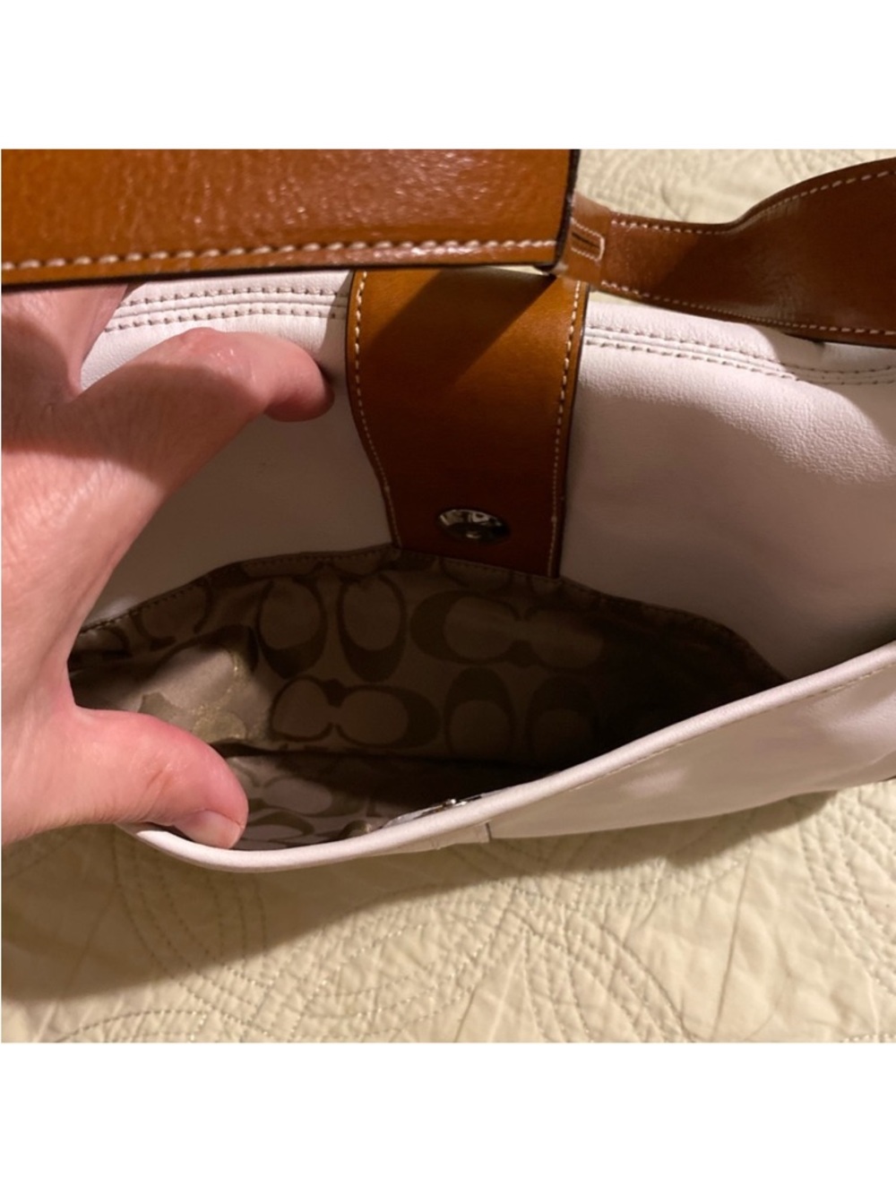 Coach White SoHo Leather Shoulder Bag with Brown Trim and Buckle - Picture 5 of 14